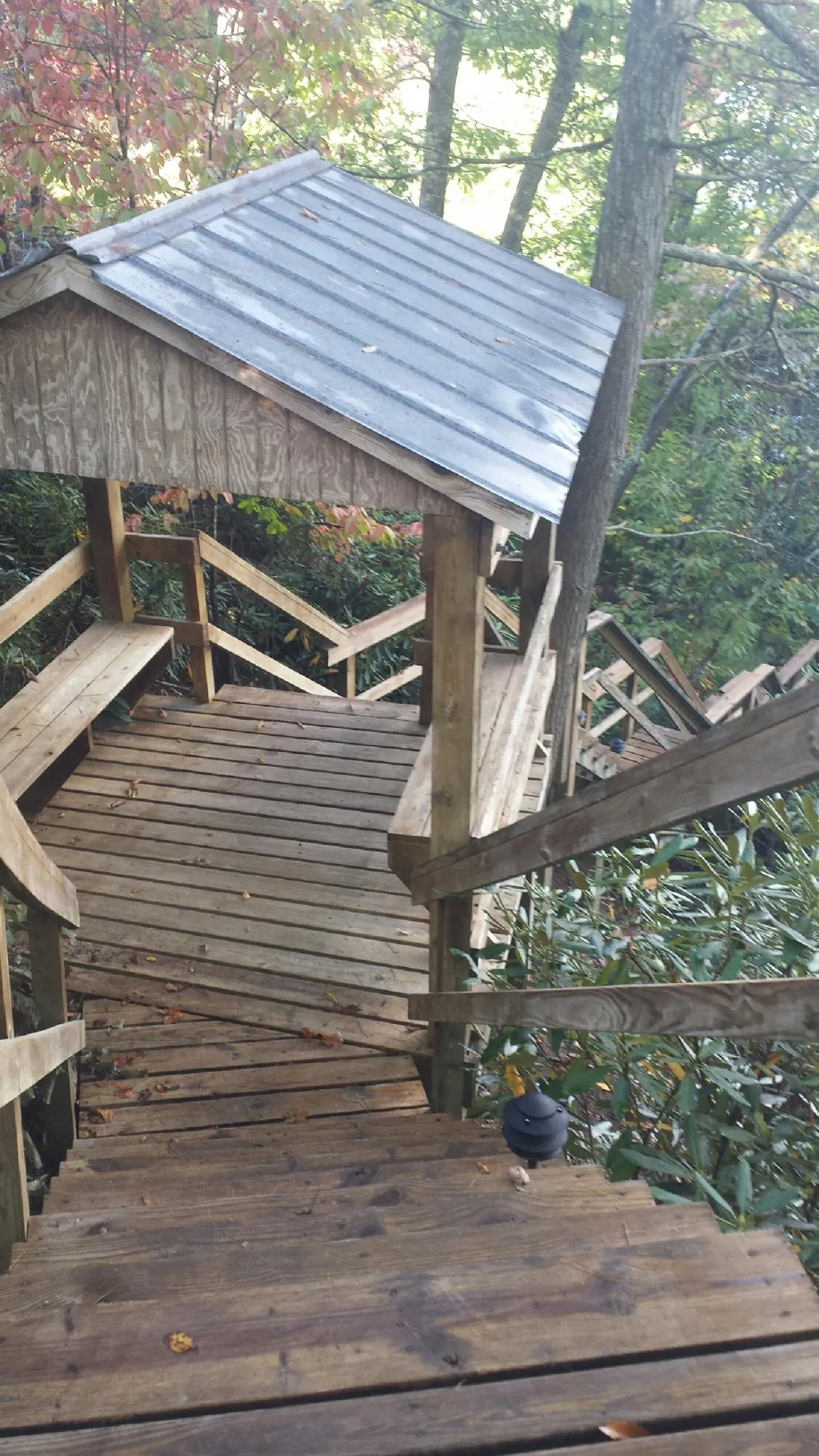 Metal roofed shelter over wooden steps on a wooded walkway — Skylight Repair & Installation work by our crew in Lostine